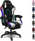 RGB Gaming Chairs with Speakers Ergonomic Massage Computer Chair, PU Leather Office Chair Adjustable Desk Chairs with Footrest, 360°Swivel Big and Tall Gamer Chair for Adults,White