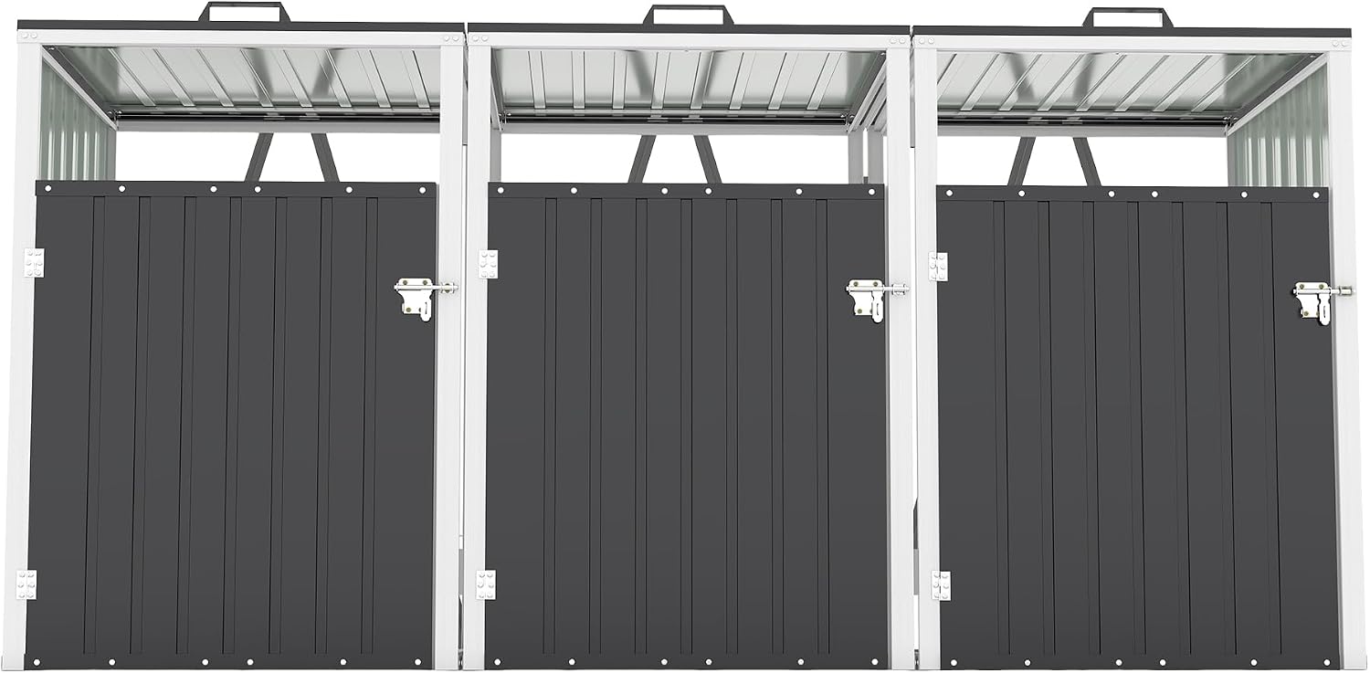 Outdoor Metal Garbage Bin Shed for 3 Trash Cans, Waterproof Galvanized Steel Double Trash Can Storage Shed with Hydraulic Lid, Lockable Door & Large Capacity for Garden Yard Patio, Dark Gray