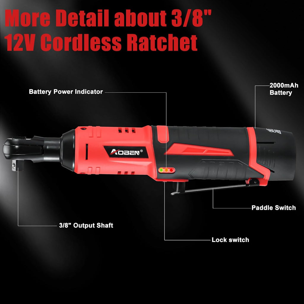 AOBEN Cordless Ratchet Wrench Kit,3/8' ratchet,40 Ft-lbs Electric Power Ratchet Set with Variable Speed Trigger,2 Packs 2000mAh Lithium-Ion Battery And Charger,83 Sockets