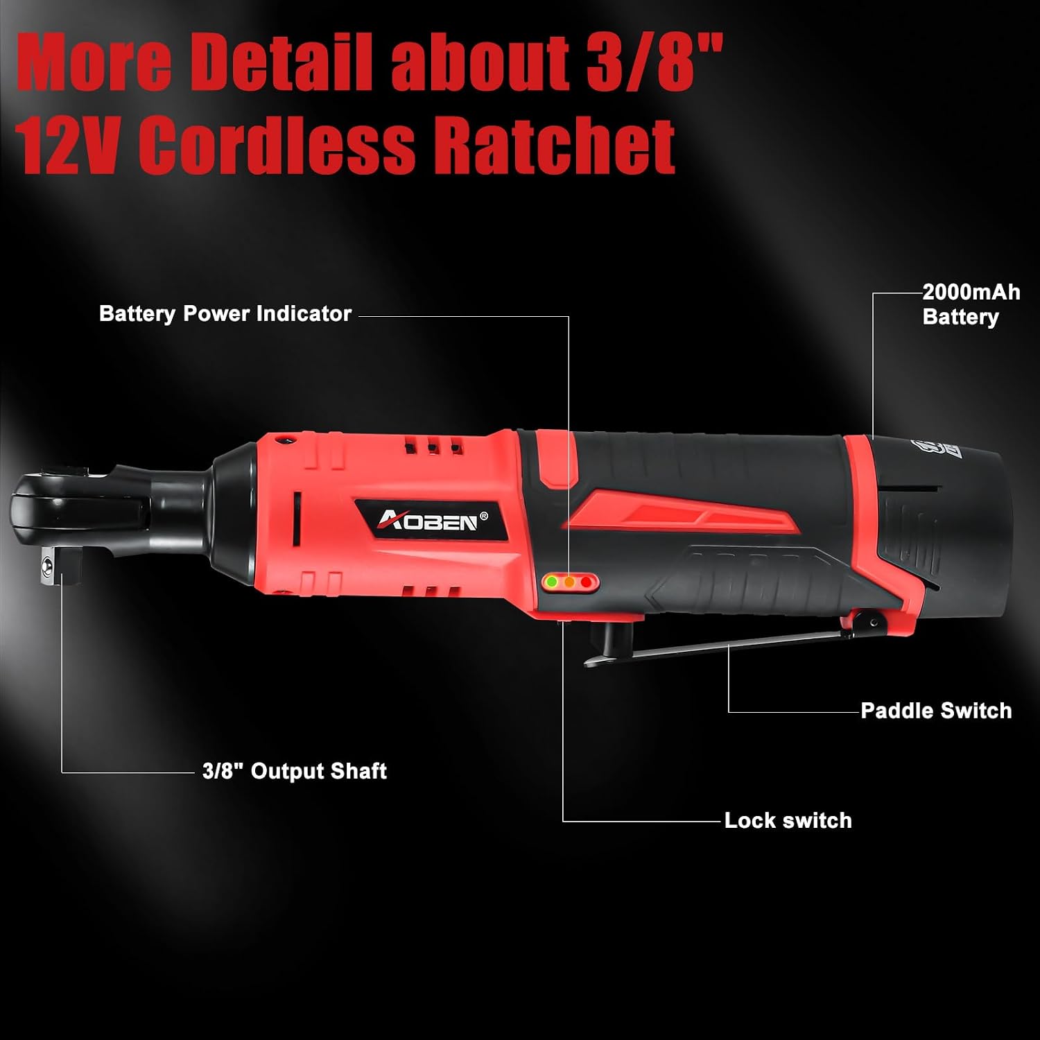 AOBEN Cordless Ratchet Wrench Kit,3/8' ratchet,40 Ft-lbs Electric Power Ratchet Set with Variable Speed Trigger,2 Packs 2000mAh Lithium-Ion Battery And Charger,83 Sockets