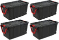 Sterilite 14699002 40 Gallon/151 Liter Wheeled Industrial Tote, Black Lid & Base w/Racer Red Handle & Latches, 4-Pack