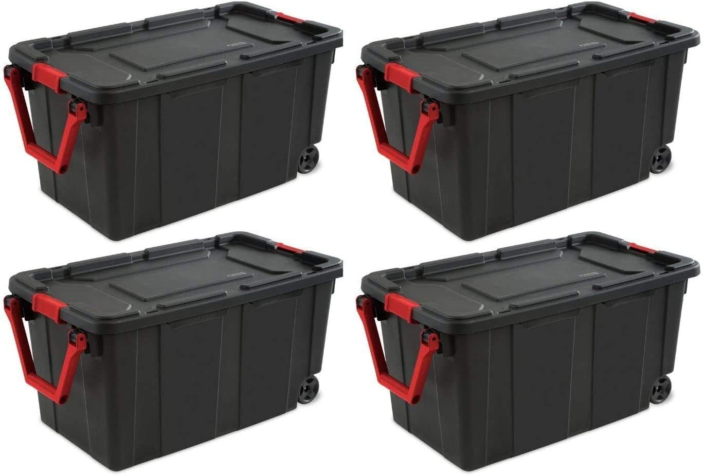 Sterilite 14699002 40 Gallon/151 Liter Wheeled Industrial Tote, Black Lid & Base w/Racer Red Handle & Latches, 4-Pack