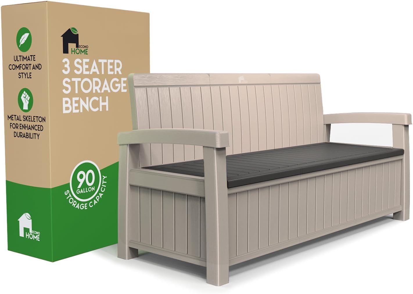 EconoHome 3 Seat Outdoor Storage Bench - 90 Gallon Capacity - Weatherproof Resin Bench for Patio, Porch, Garden, Yard, Pool Area - Furniture for Pool Accessories, Gardening Tools, Toys