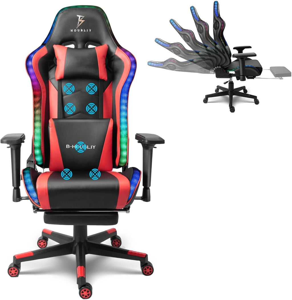 Gaming Chair with Speakers, Ergonomic Gaming Chair with Footrest and LED Lights,Comfortable Computer Reclining,Gaming Chair with Massage Function,Teen/Adult Computer Chair,Red
