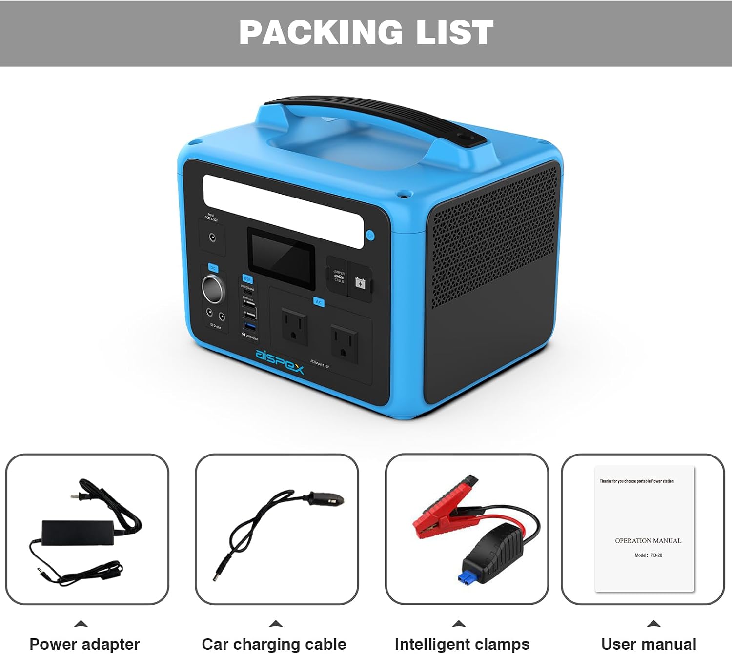 Portable Power Station 640Wh, AISPEX Solar Generator with Jumper Starter, 110V/600W Pure Sine Wave AC Outlet, PD 60W, Lifepo4 Battery Power Stations for Home Backup RV/VAN Camping Travel Emergency