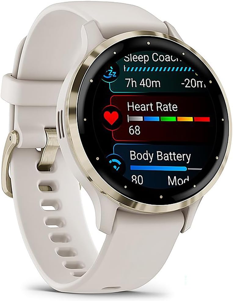 Garmin 010-02785-04 Venu 3S Health Fitness GPS Smartwatch Gold Steel Bezel with Ivory Case 41mm Bundle with Deco Essentials Charging Dock, Dust Cover 3 Pack and 2-Pack Screen Protector
