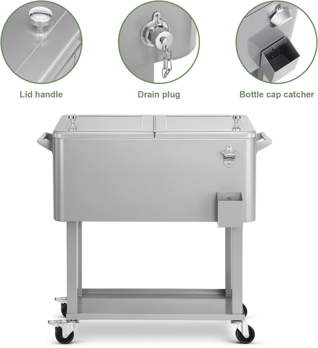 80 Quart Rolling Ice Chest Cooler Cart,Patio Backyard Party Drink Beverage Bar Stand Up Cooler Trolley with Ice Scoop
