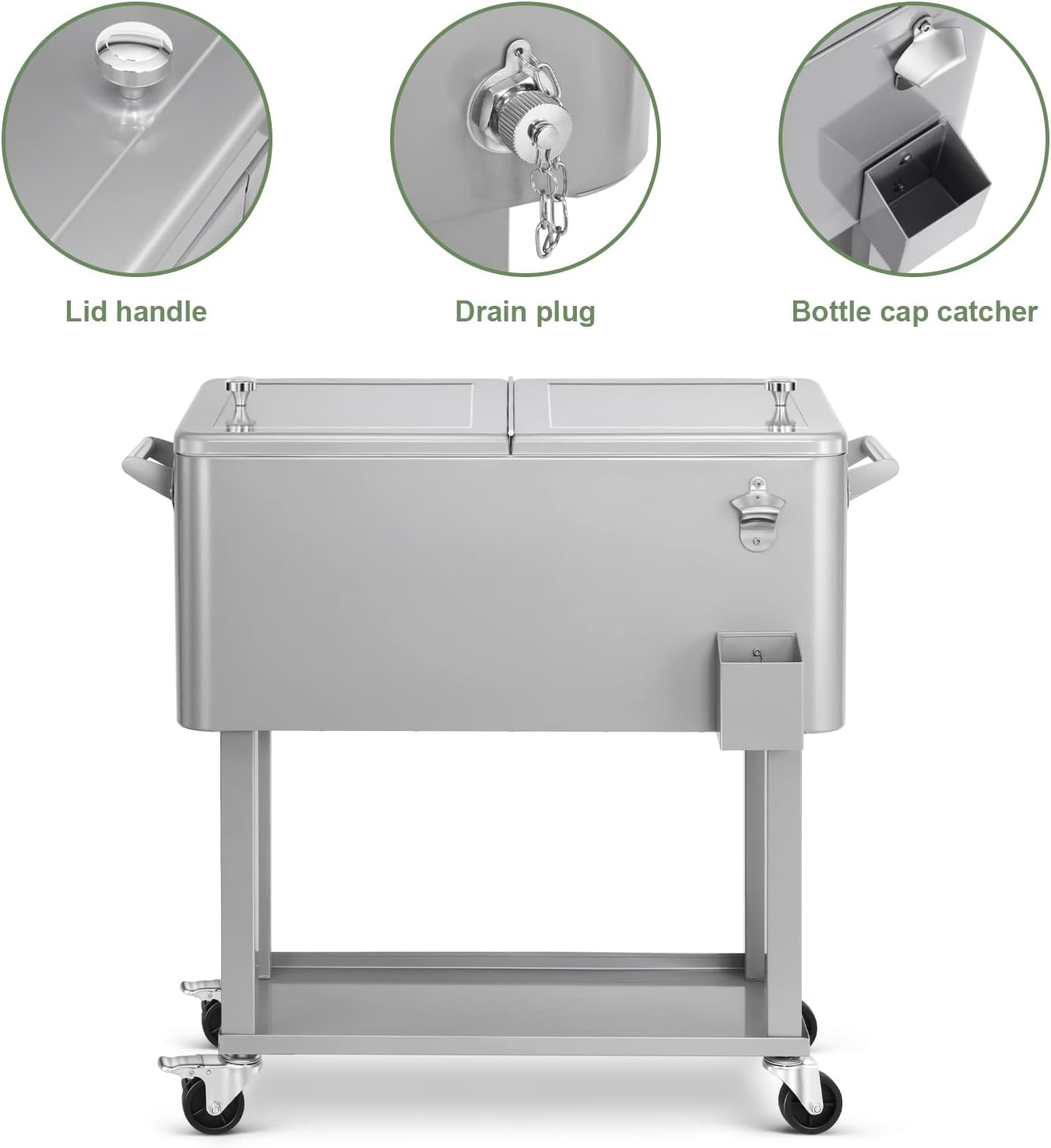 80 Quart Rolling Ice Chest Cooler Cart,Patio Backyard Party Drink Beverage Bar Stand Up Cooler Trolley with Ice Scoop