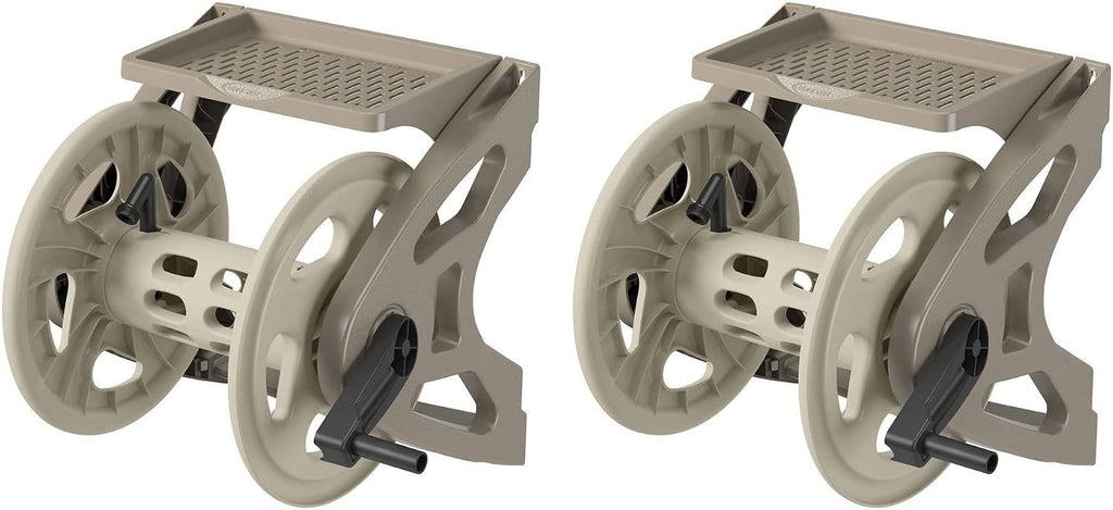 Suncast Handler Plastic Wall-Mounted Outdoor Weatherproof Garden Hose Storage Reel with Storage Tray, Holds 200 Feet of Hose (2 Pack)