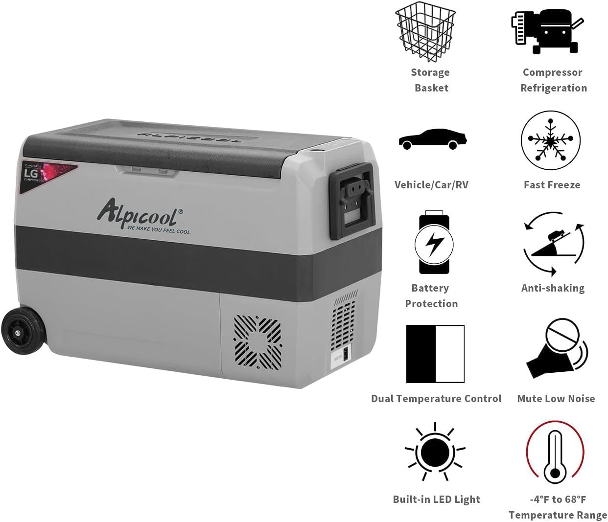 Alpicool LGT50 Dual Temperature Control 12 Volt Refrigerator 53 Quart Portable Car Fridge Freezer (-4°F~68°F) for Truck, RV, Boat, Camping and Travel