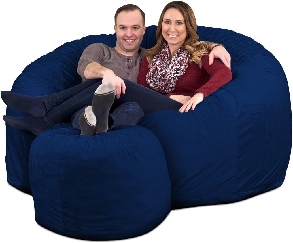 ULTIMATE SACK 6000 6-Foot Bean Bag Chair with Footstool, Electric Blue Suede Cover – Oversized Foam Lounger, Floor Seat, Small Sofa, or Couch Bed for Living Area, Gaming Room, or Reading Lounge