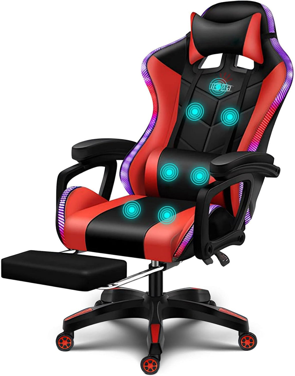Video Game Chairs with Footrest,Gaming Chair with Bluetooth Speakers - Lumbar Support Ergonomic High Back Computer Chair 60° Swivel RGB Gaming Racing Chair for Gaming,Red