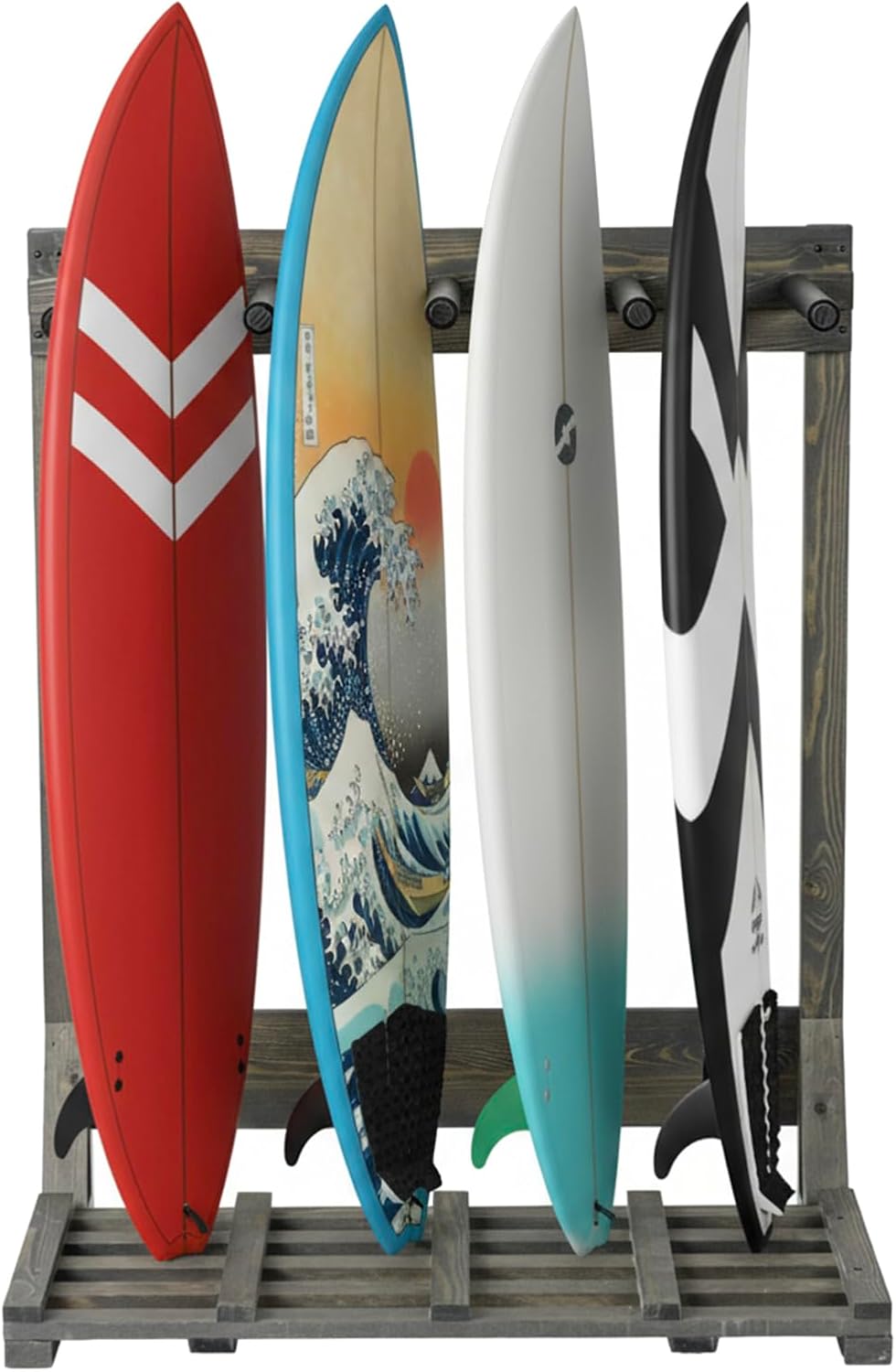 MyGift 4-Ft Tall Rustic Burnt Wood Freestanding Vertical Surfboard Rack, Wakeboard SUP Paddleboard Storage Rack - Holds up to 4 Boards