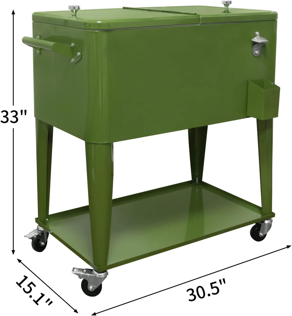 80 Quart Rolling Ice Chest Cooler Cart,for Outdoor Patio Deck Party Portable Party Bar Cold Drink Beverage Cart, Backyard Cooler Trolley on Wheels with Shelf, Bottle Opener