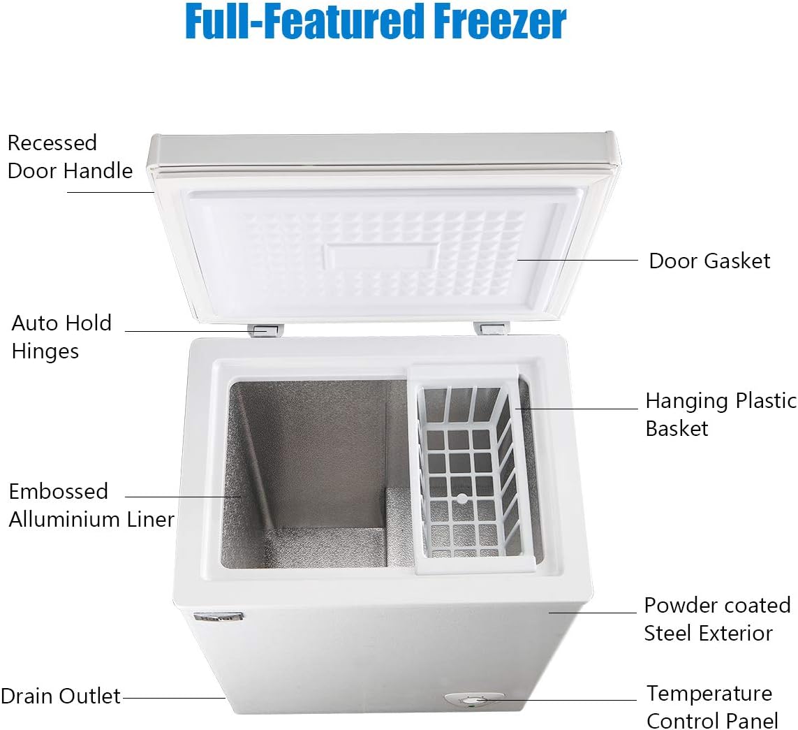 WANAI Chest Freezer 3.5 Cubic Feet Mini Small Deep Freezers with Adjustable Thermostat Top Open Door Freezer Compressor Cooling with Rmovable Storage Basket for Home, Kitchen Office Apartment, Black