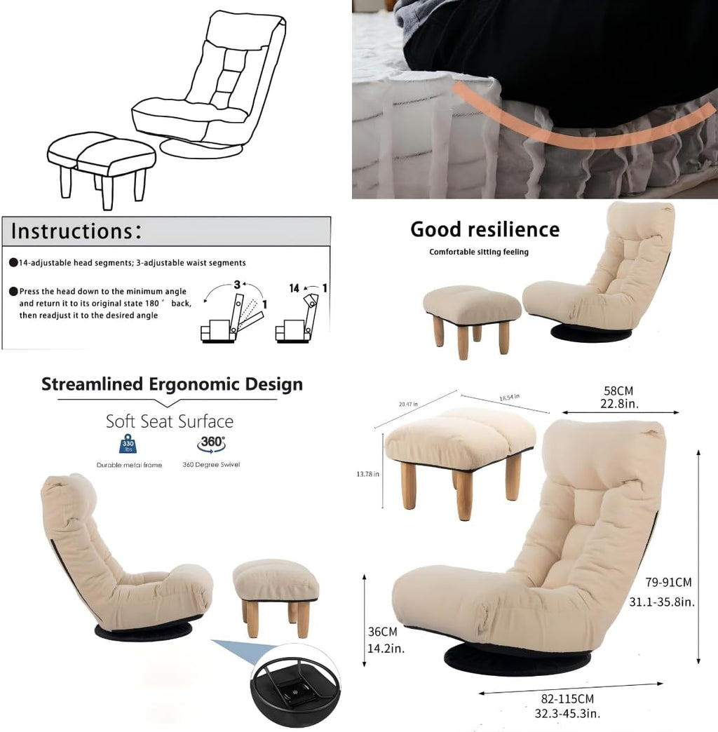 360° Swivel Floor Gaming Chair, Floor Chair, 14 Adjustable Head Segments 3 Waist Segments, Ergonomic Recliner for Gaming Reading Living Room, Includes Footrests (White)