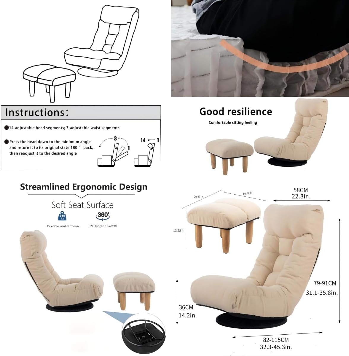 360° Swivel Floor Gaming Chair, Floor Chair, 14 Adjustable Head Segments 3 Waist Segments, Ergonomic Recliner for Gaming Reading Living Room, Includes Footrests (White)