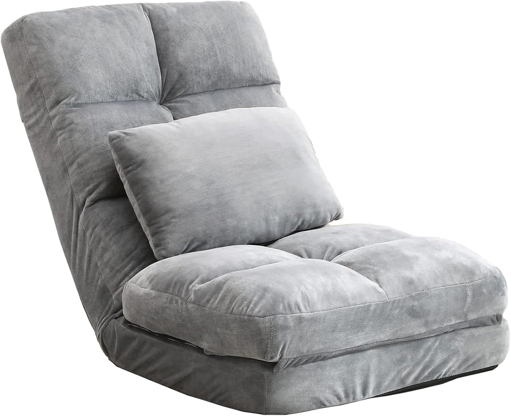 Indoor Chaise Lounge Sofa, Floor Chair with Back Support for Adults, 14 Angle Adjustment Recliner Chair, Folding Floor Lounger with Pillow 8823(Grey)