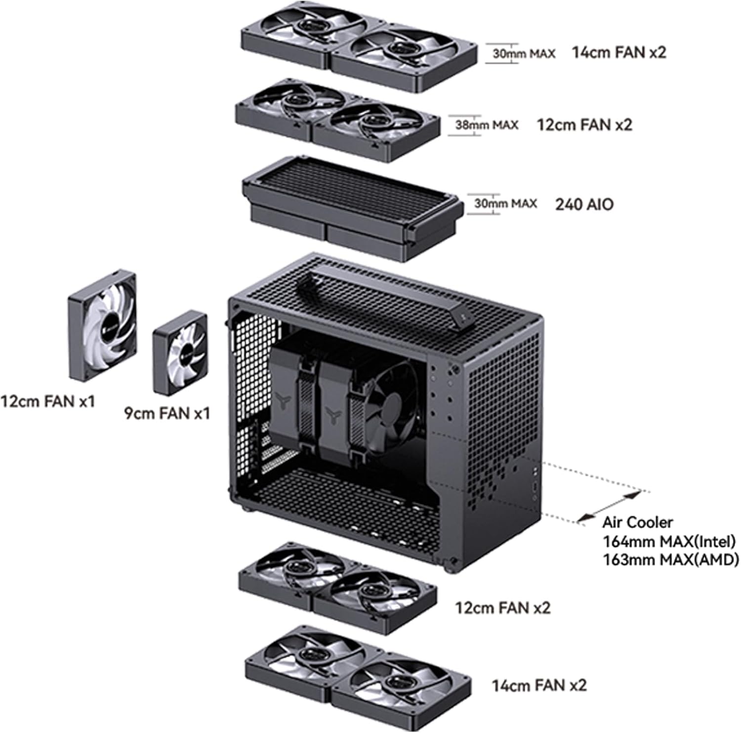 JONSBO/JONSPLUS Z20 Mesh Black Micro-ATX Mini Tower PC Case,with Detachable Carrying Handle, Mini Size, High-Performance Hardware Compatible, Support 240AIO, H160mm Cooler, Black