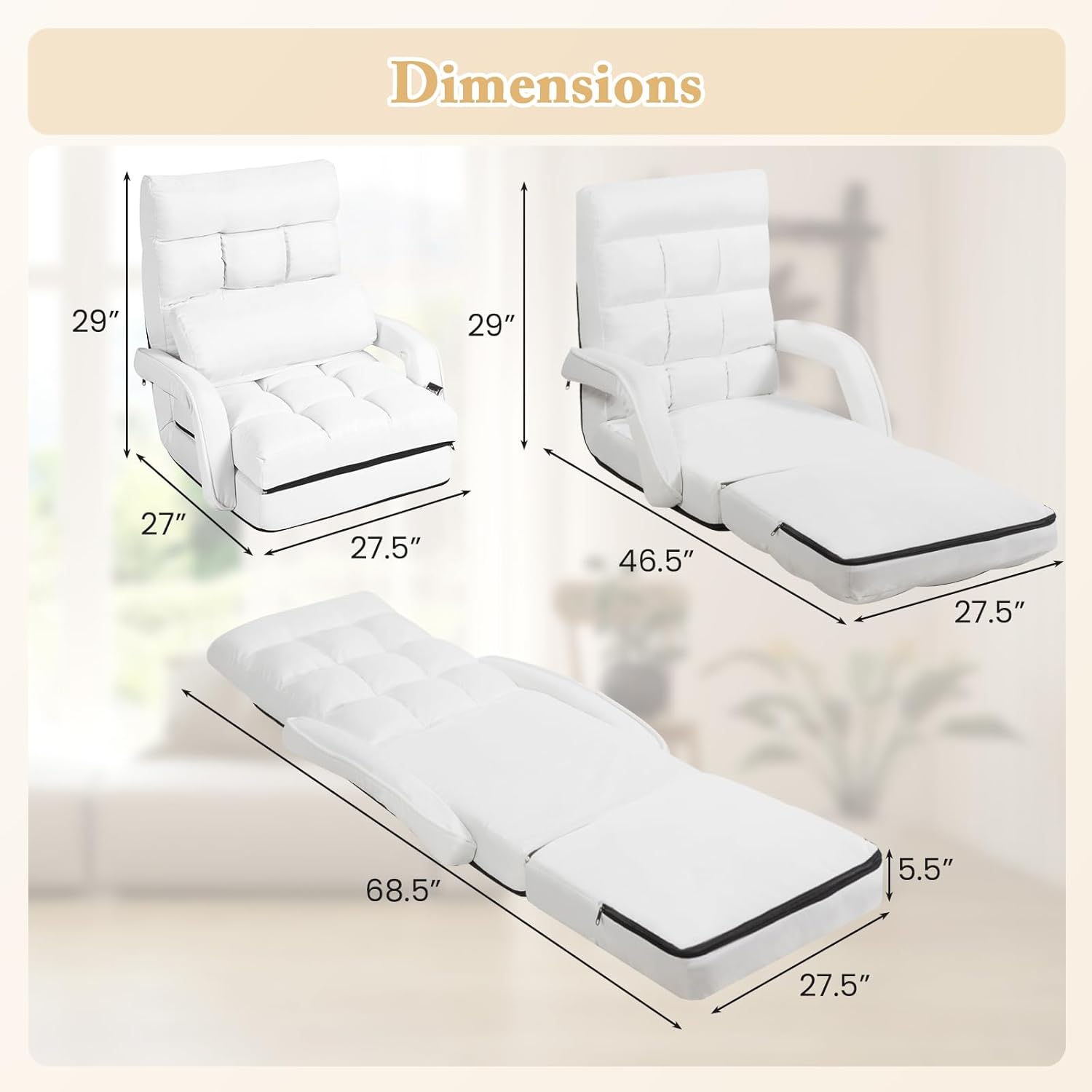 S AFSTAR Indoor Chaise Lounge Sofa, Folding Lazy Sofa Floor Chair with 6-Position Adjustable Backrest Lumbar Pillow, Folding Padded Lounger Bed with Armrests, Assembly-Free (White)
