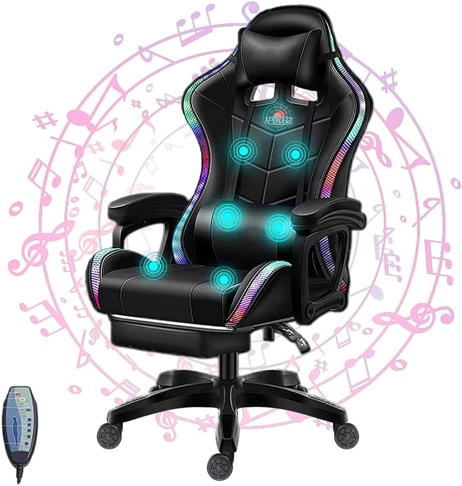 Video Game Chair for Adults Ergonomic Reclining Chair with Retractable Footrest Massage Gaming Chair with Speakers and LED Lights PU Leather High Back Computer Chair,Black