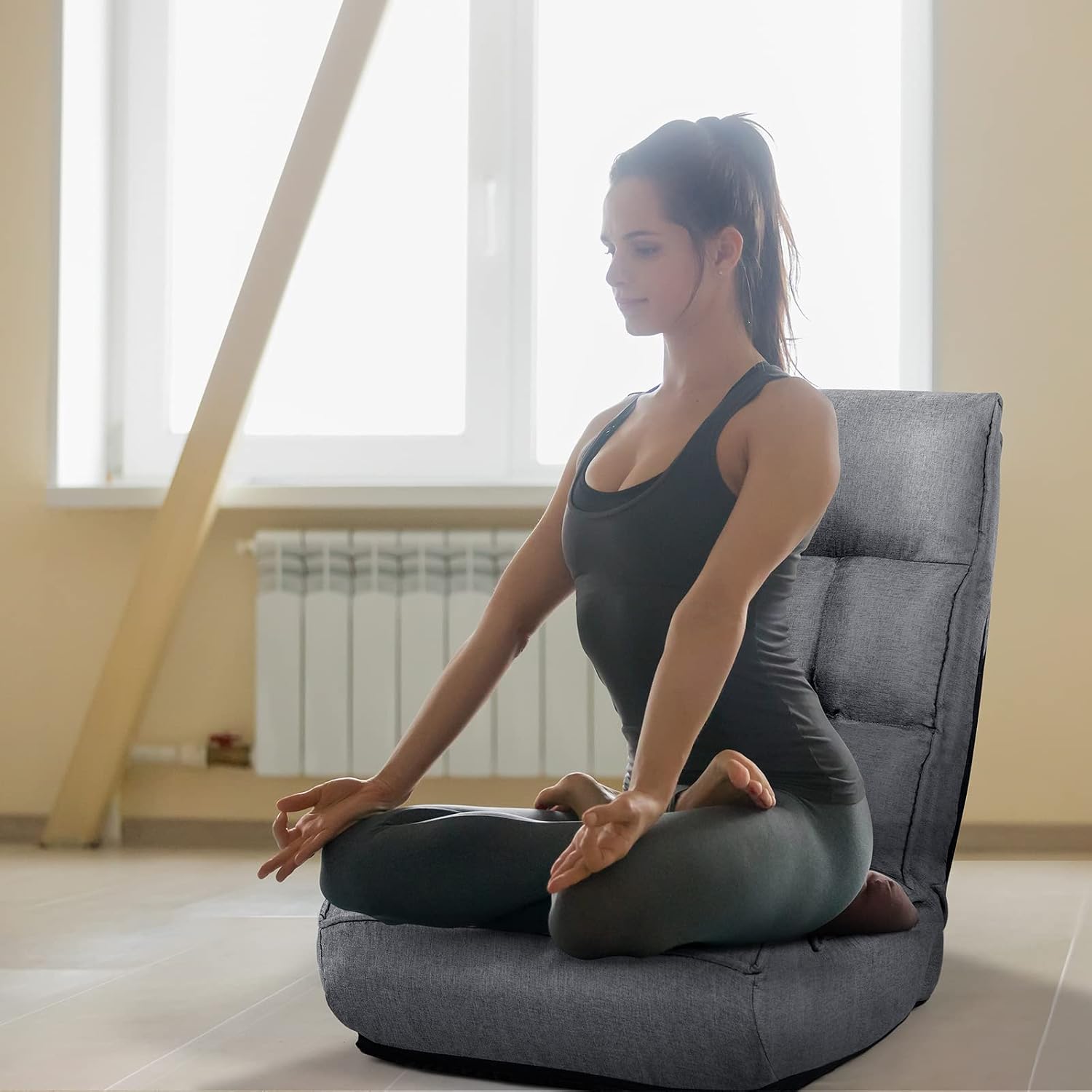 MAT EXPERT Folding Floor Chair, Floor Gaming Chair w/ 4-Position Backrest, 5-Position Adjustable Headrest, Side Pocket, Indoor Floor Chair w/Back Support for Bedroom, Living Room (Grey)
