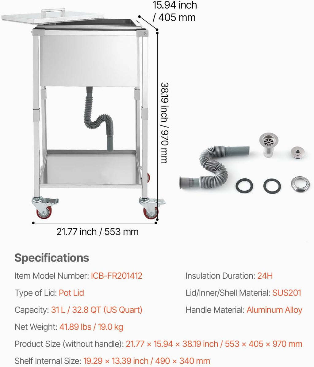 VEVOR Commercial Ice Bin, Underbar Ice Bin, Stainless Steel Ice Chest with Sliding Lid, Bottle Holders, Adjustable Bullet Feet, Cooler Cart Cocktail Unit for Bar Restaurant Pub