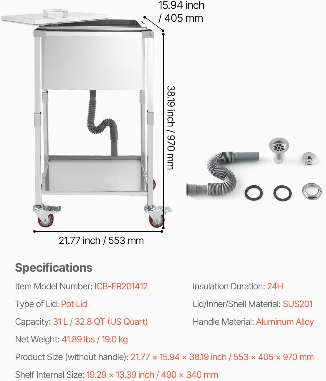 VEVOR Commercial Ice Bin, Underbar Ice Bin, Stainless Steel Ice Chest with Sliding Lid, Bottle Holders, Adjustable Bullet Feet, Cooler Cart Cocktail Unit for Bar Restaurant Pub