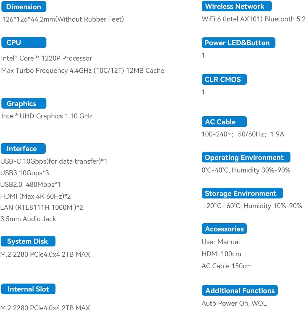 Beelink EQI Mini PC W-11 Pro i3-1220P 32GB DDR4 1TB NVMe M.2 SSD Dual Display 4K@60Hz Output, Wi-Fi 6, RJ45, Built in PSU Office Mini Computer