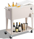 Outvita 80 Quart Rolling Ice Chest, Portable Bar Drink Cooler with Catch Basin, Bottom Storage Tray and Bottle Opener for Patio Party BBQ Beach Activities