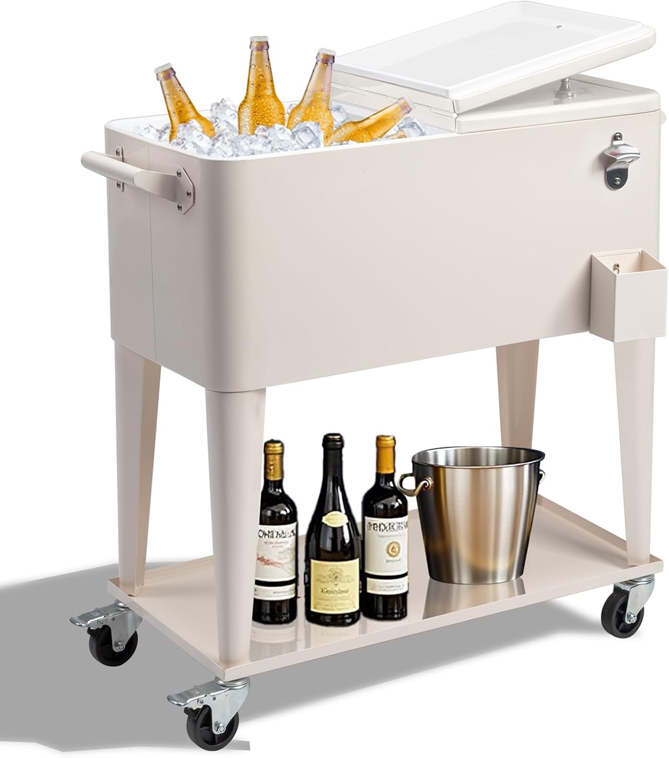 Outvita 80 Quart Rolling Ice Chest, Portable Bar Drink Cooler with Catch Basin, Bottom Storage Tray and Bottle Opener for Patio Party BBQ Beach Activities
