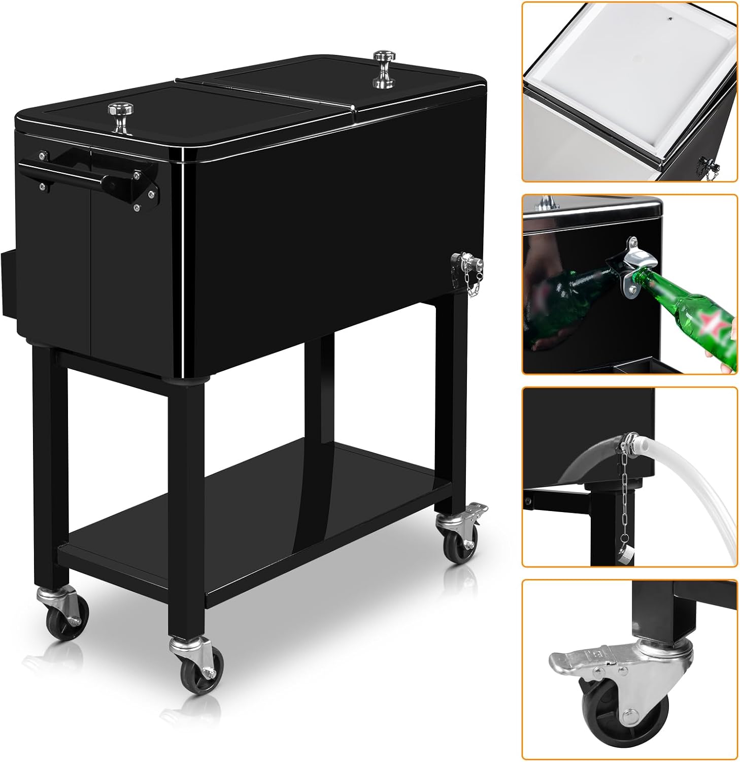VINGLI 80 Quart Rolling Ice Chest on Wheels, Portable Patio Party Bar Drink Cooler Cart, with Shelf, Beverage Pool with Bottle Opener,Water Pipe