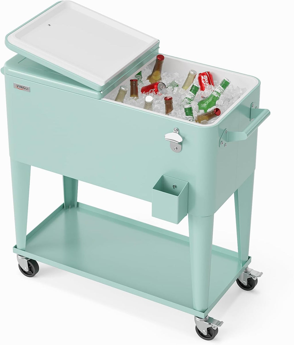VINGLI Rolling Ice Chest, Portable Patio Party Bar Drink Cooler Cart, with Shelf, Beverage Pool with Bottle Opener