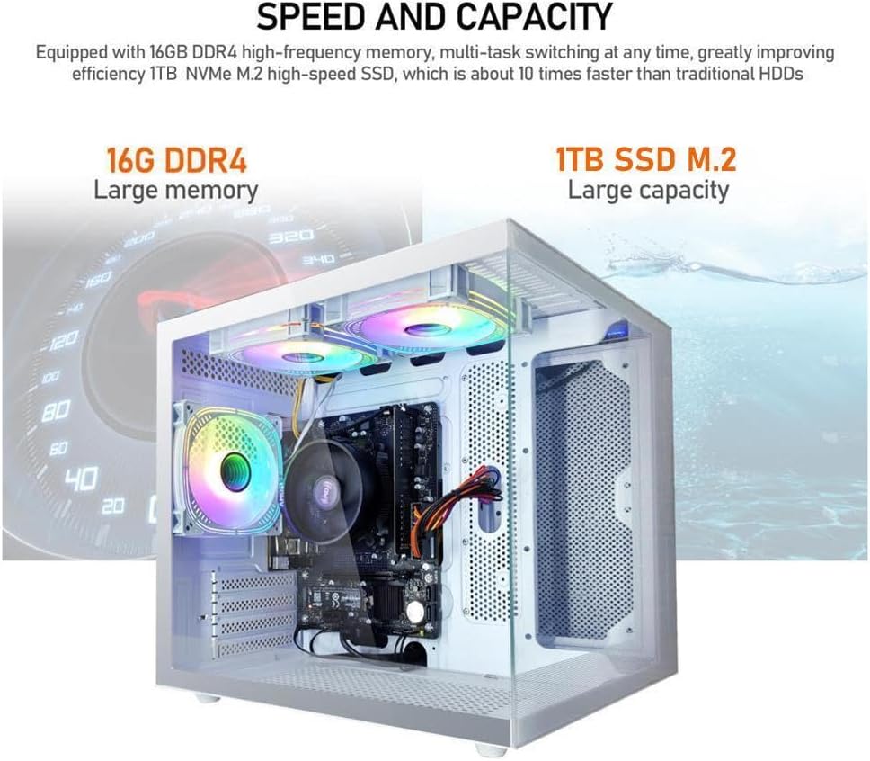 Suevery Gaming Desktop Computer 16G Memory 1TB SSD AMD Ryzen7 5700G (8Core CPU Integration Radeon Vega Graphics) Wi-Fi Prebuilt Gamer Pc White (1000GB)
