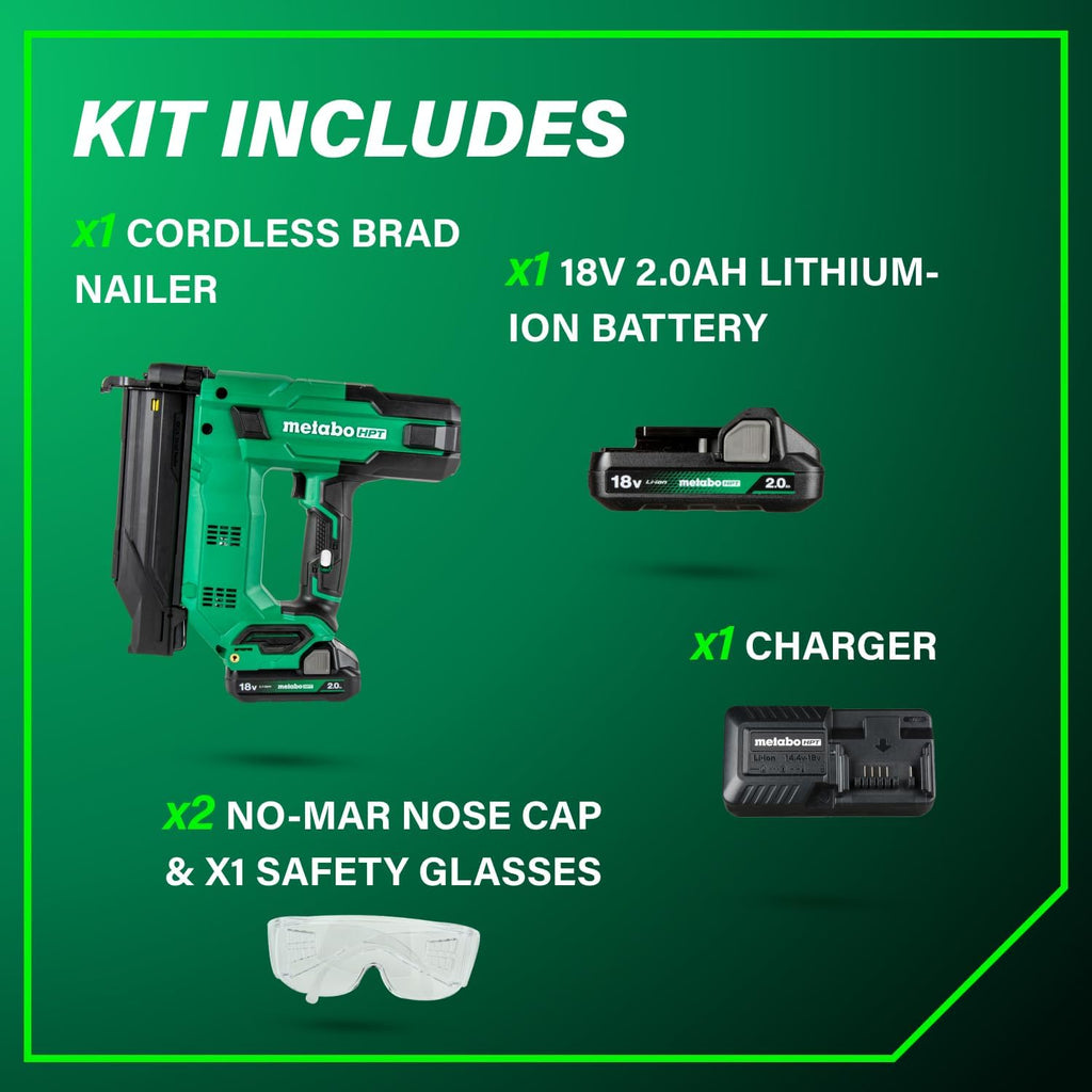 Metabo HPT 18V MultiVolt Compact Cordless Brad Nailer Kit, 18 Gauge Nailer with Power Tool 2.0Ah Lithium Ion Battery, Drives 5/8' to 2' Brad Nails, 700 per Charge, NT1850DG