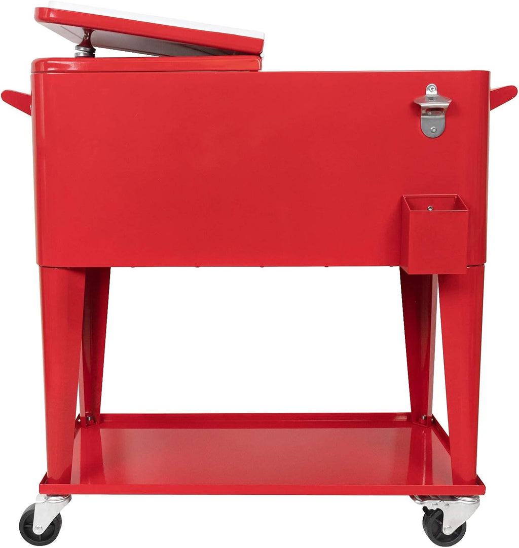80 Quart Rolling Ice Chest Cooler Cart,for Outdoor Patio Deck Party Portable Party Bar Cold Drink Beverage Cart, Backyard Cooler Trolley on Wheels with Shelf, Bottle Opener