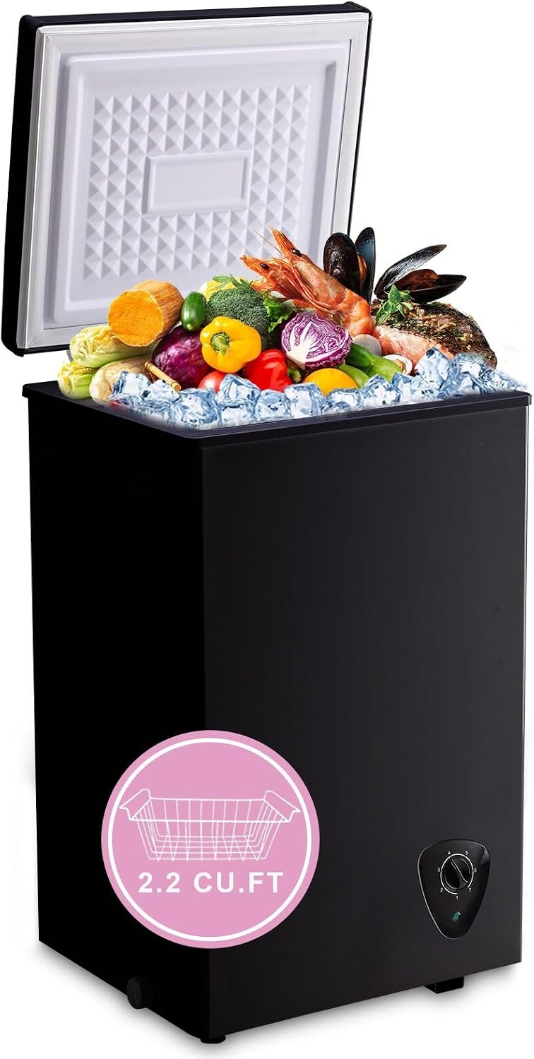 Chest Freezer Small Deep Freezer WANAI 2.2 Cu.Ft Mini Freezer Free-Standing Top Door Freezer Adjustable 7 Thermostat and Removable Basket Open Deep Freezer Apartment Kitchen, Black