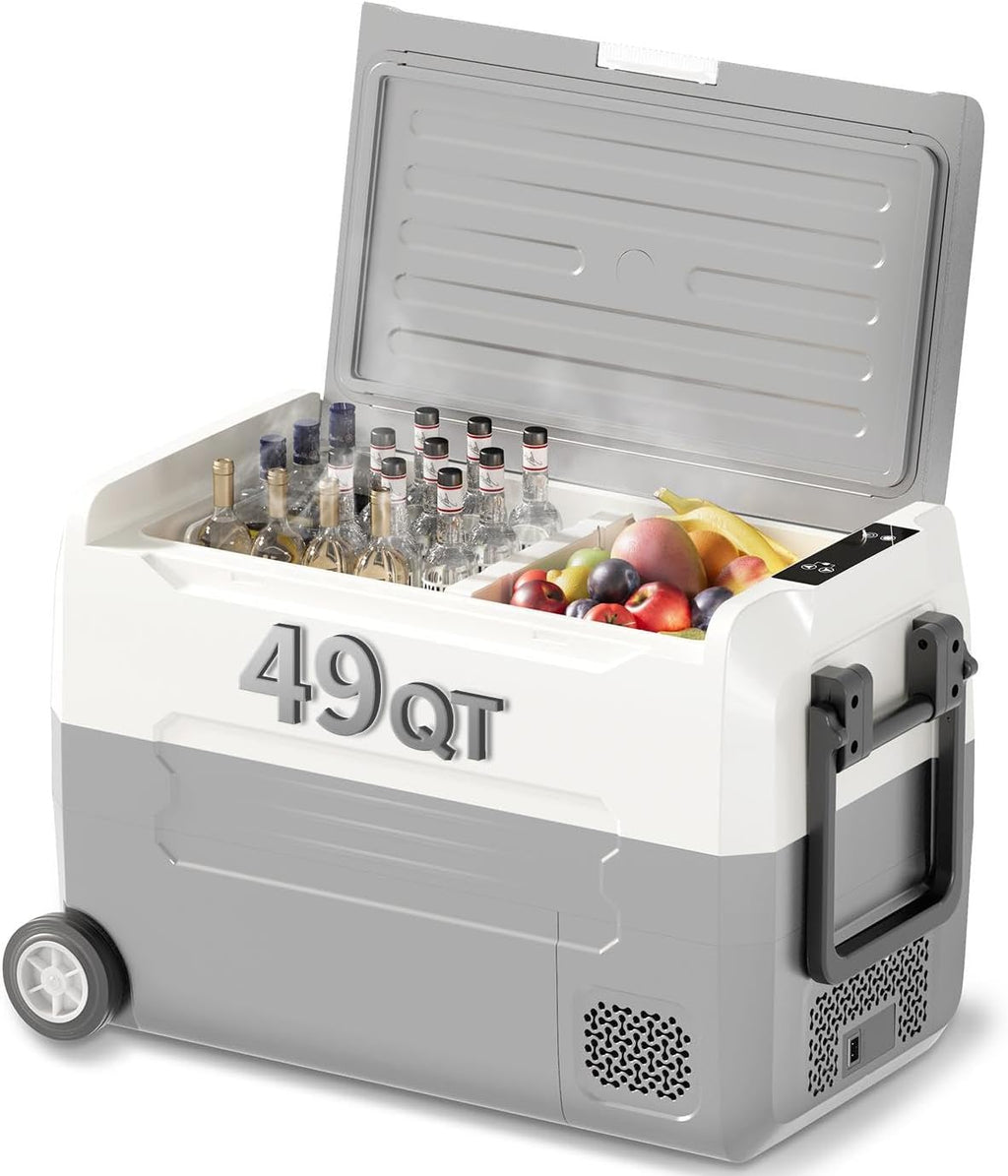 TABU 49QT Portable Car Refrigerator, 12V Dual Zone Freezer& Cooler with 12/24V DC&110/240V AC,-4℉~68℉,Car Fridge with Wheels,Low Noise, for Camping, Travel, RV (Grey)