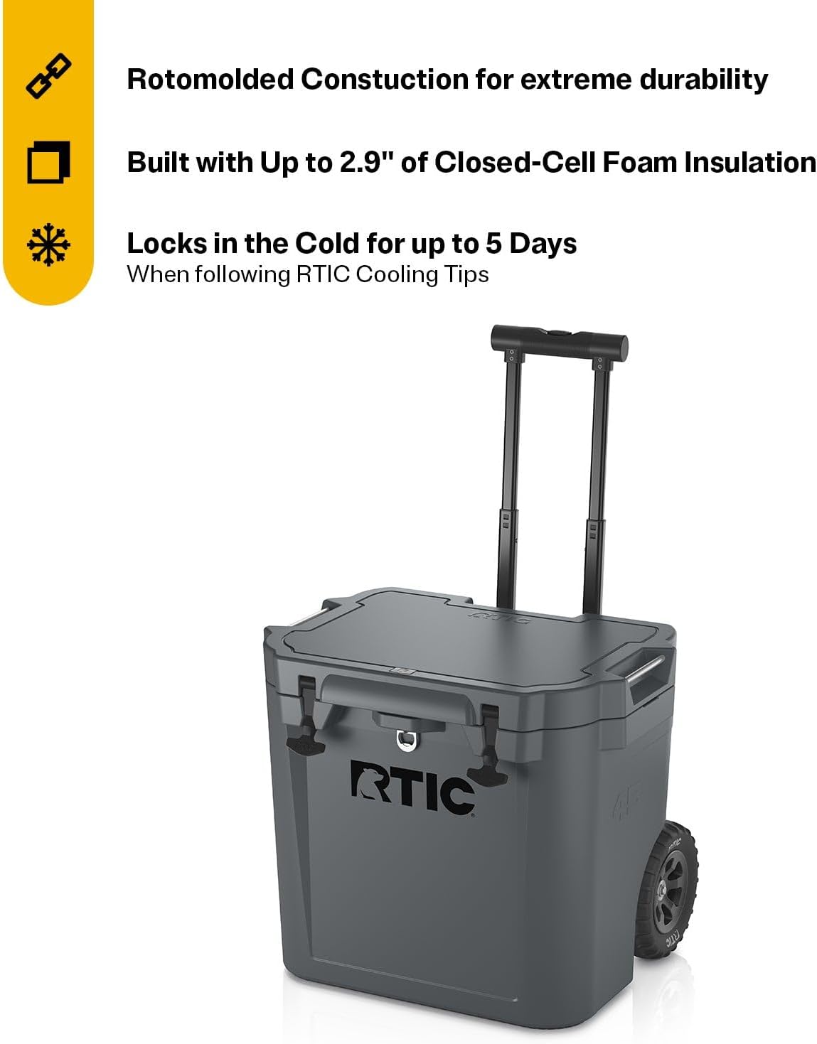 RTIC 45 QT Wheeled Ultra-Tough Cooler Hard Insulated Portable Ice Chest Box for Beach, Drink, Beverage, Camping, Picnic, Fishing, Boat, Barbecue, Rotomolded Construction