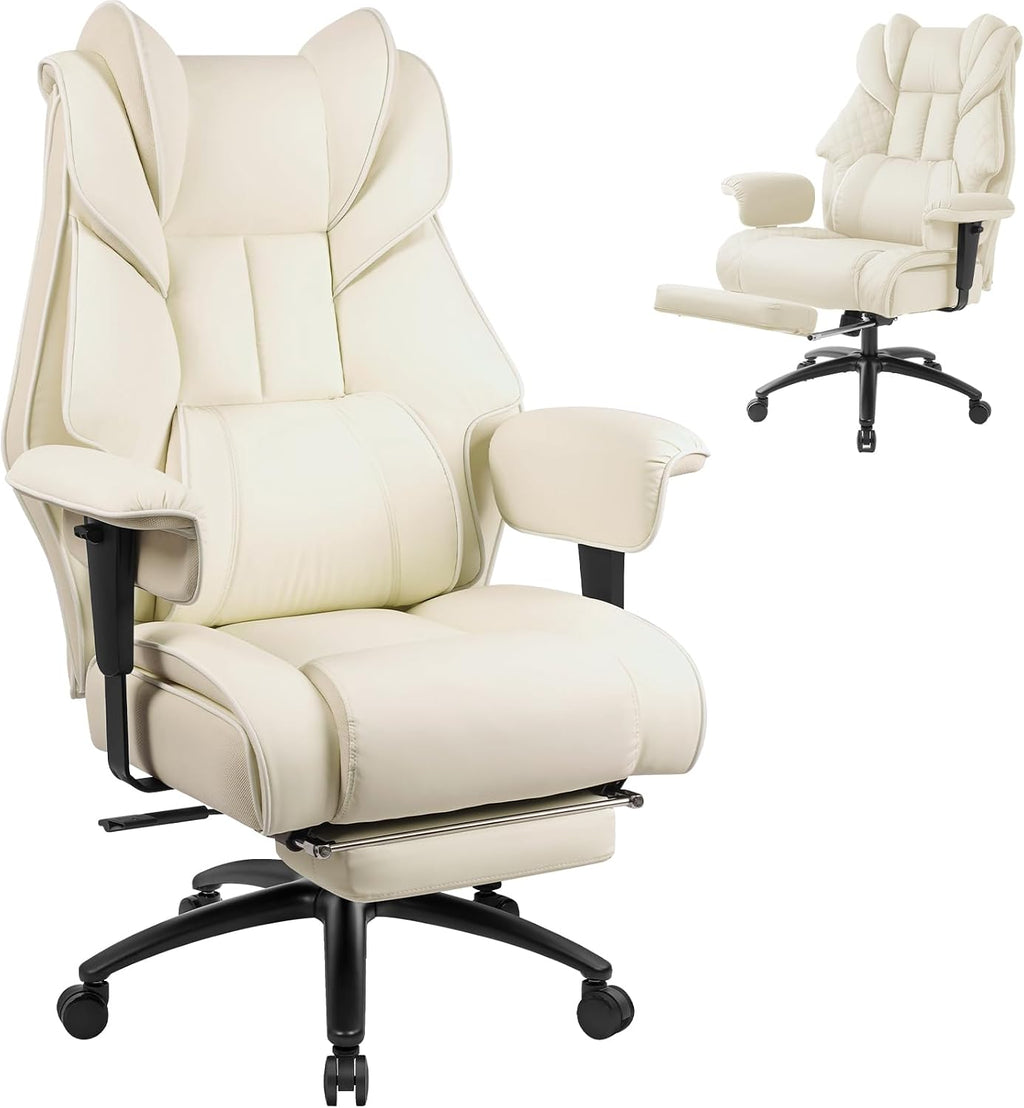 Big and Tall Office Chair 400LBS with Foot Rest & Waist Lumber Support, Ergonomic Gaming Chair with 2D Armrests, High-Back Leather Reclining Executive Chair for Home, Office, Beige