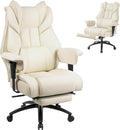 Big and Tall Office Chair 400LBS with Foot Rest & Waist Lumber Support, Ergonomic Gaming Chair with 2D Armrests, High-Back Leather Reclining Executive Chair for Home, Office, Beige