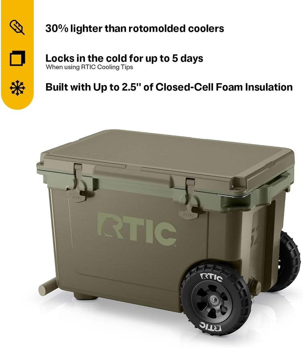 RTIC 52 Quart Ultra-Light Wheeled Hard Cooler Insulated Portable Ice Chest Box for Beach, Drink, Beverage, Camping, Picnic, Fishing, Boat, Barbecue, 30% Lighter Than Rotomolded Coolers