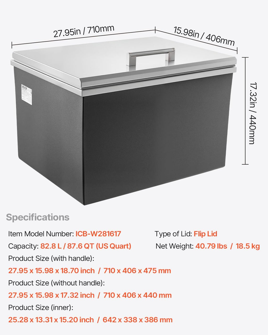 VEVOR Drop in Ice Chest, Stainless Steel Drop in Cooler, Commercial Ice Bin with Lid for Outdoor Kitchen Patio Bar, Drain-Pipe Set Included, Cooling Bins with Cover for Cold Wine Beer