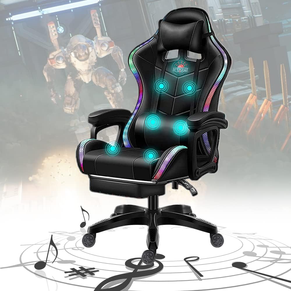 LED Gaming Chair with Speakers, Ergonomic Video Game Chair, Racing Office Chair PU Leather Recliner Computer Chair Swivel E-Sports Chair with Headrest Lumbar Support,Red