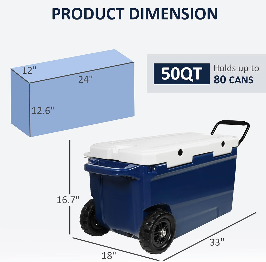 LUCKYERMORE 52Qt Portable Ice Cooler with Wheels & Handle, 30% Lighter Than Rotomolded Coolers, Heavy Duty Hard Cooler for Camping, Fishing, Road Trips, 5-Day Cold Retention