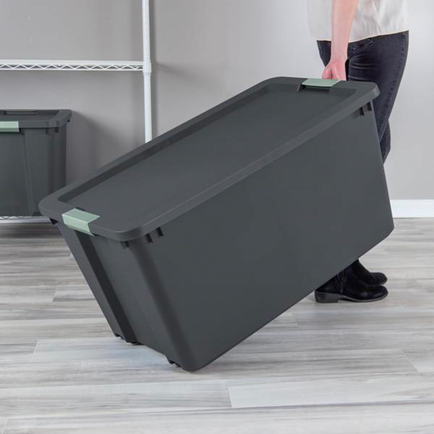 Sterilite 8 Pack 45 Gallon Wheeled Latch Tote, Stackable Plastic Storage Bin, Gray/Green