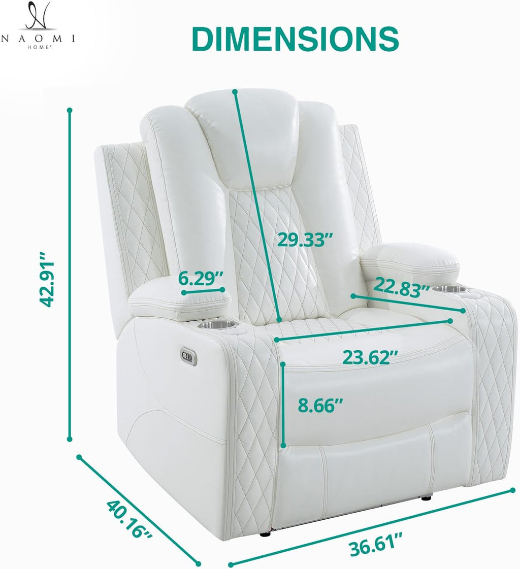 Naomi Home Chicago Power Recliner Chair with LED Lights, USB Charging Port, Adjustable Headrest, Cup Holders & Detachable Tray Tables, Faux Leather Home Theater Seating Recliner - White