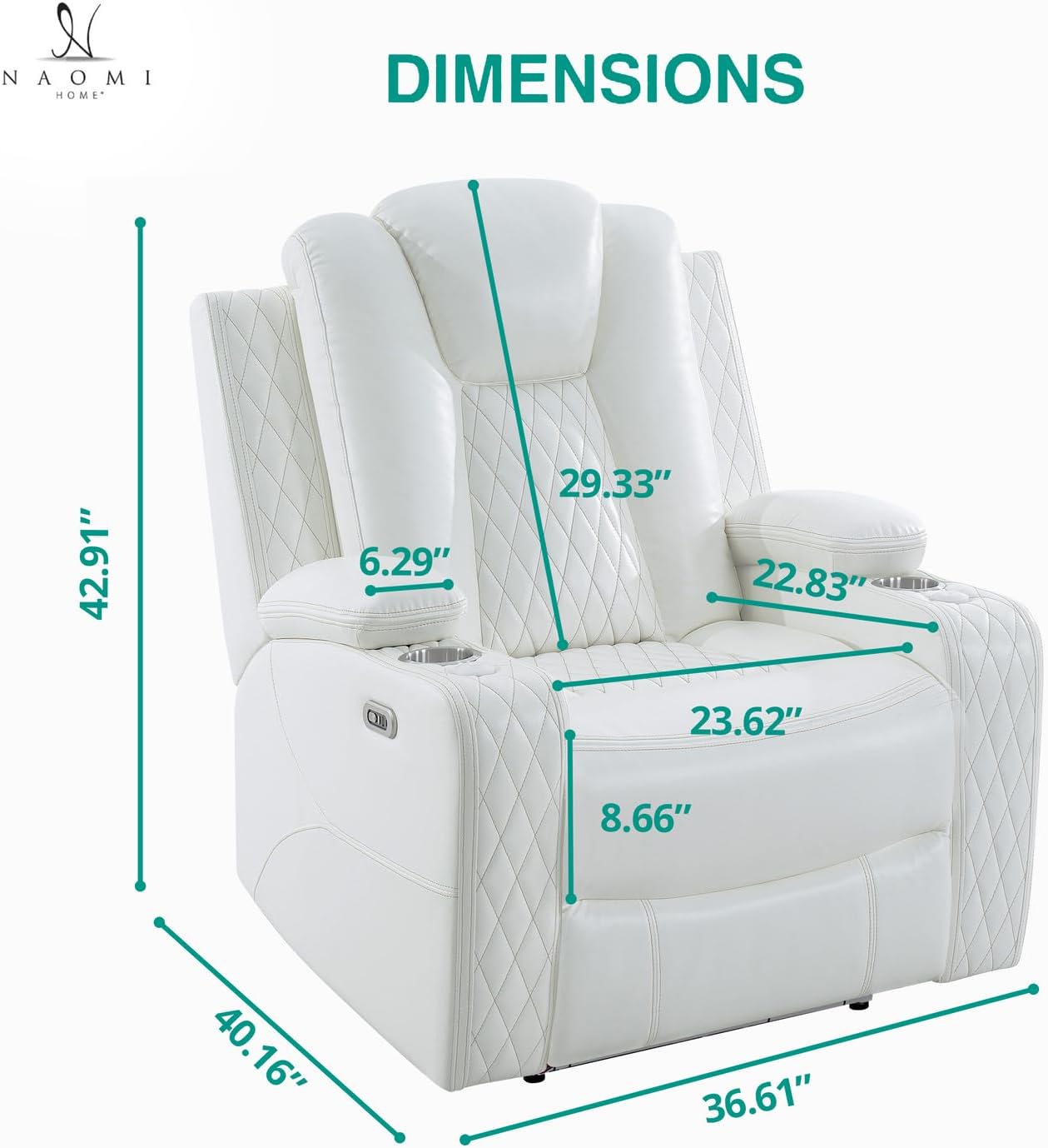 Naomi Home Chicago Power Recliner Chair with LED Lights, USB Charging Port, Adjustable Headrest, Cup Holders & Detachable Tray Tables, Faux Leather Home Theater Seating Recliner - White