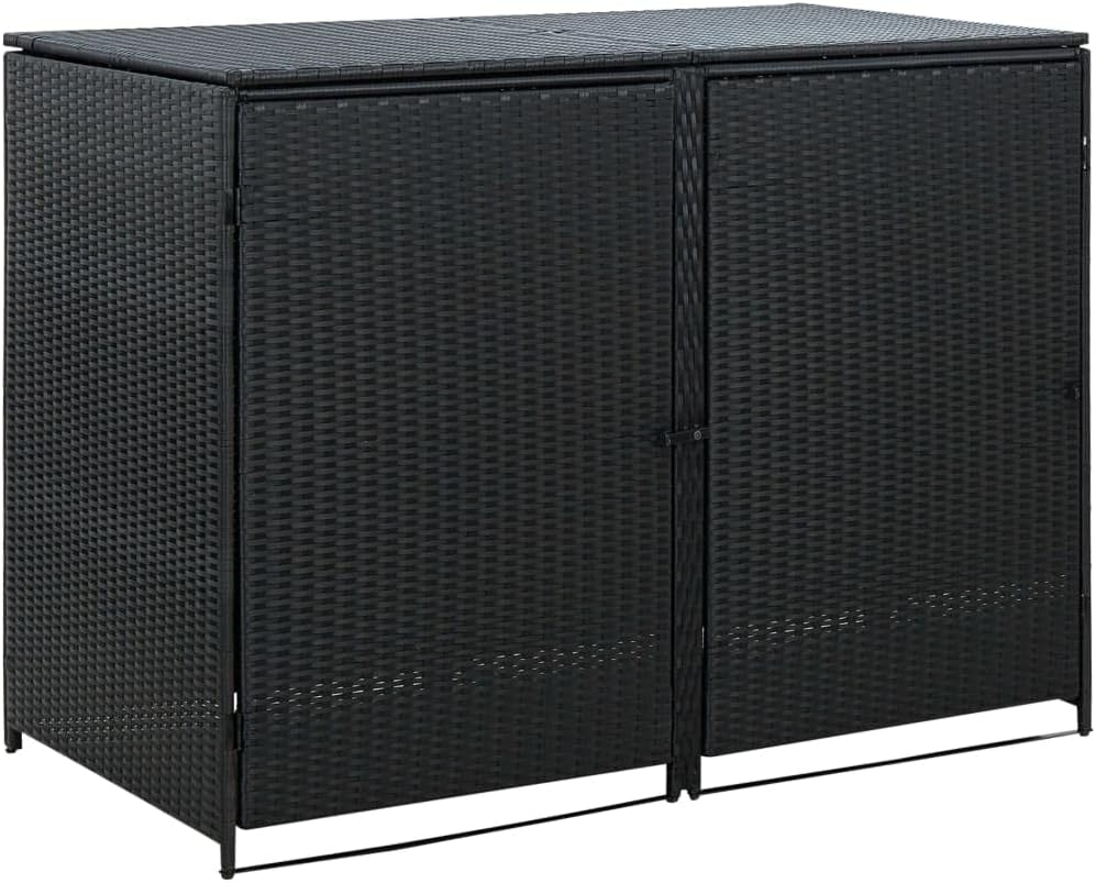 vidaXL Garbage Can Shed, Trash Bin Shed, Double Wheelie Bin Storage, Outdoor Garbage Can Enclosure for Garden Patio Lawn, Black Poly Rattan