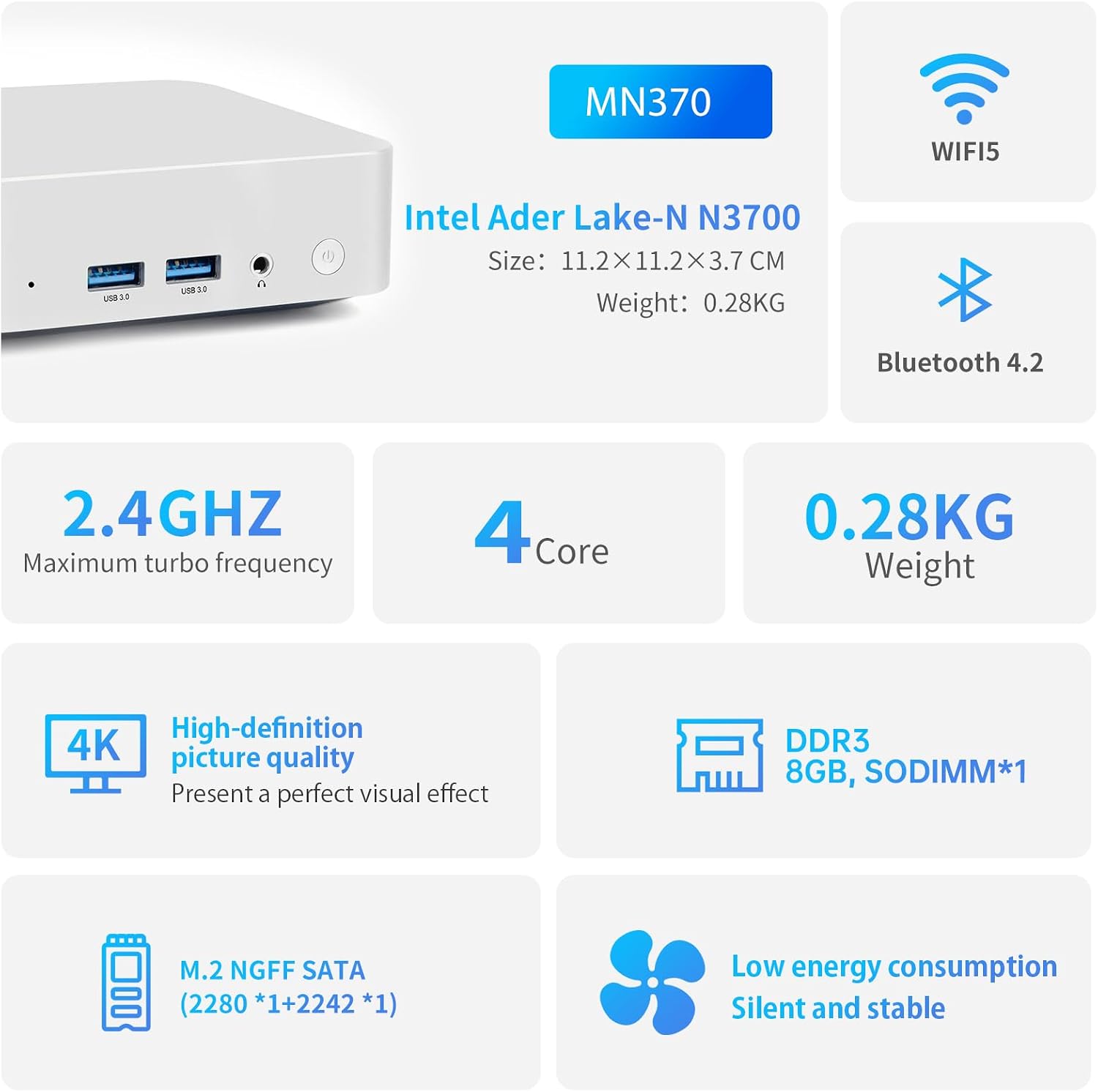 Mini PC (4C/4T) 8GB RAM 128GB SSD Support 2T desktop computers windows/WiFi/BT/DC/RJ45 LAN 1000M/USB*4/USB-C*2 /HDMI*2 4K Dual Display 2.4G/5G WiFi & BT4.2 Mini Desktop Computer Home Office (N3700)